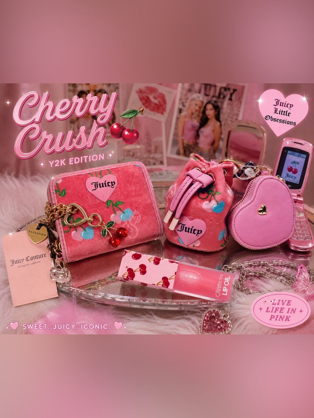 🍒 JUICY COUTURE RETRO JUICY CHERRY 3 PIECE WALLET POUCH AND ZIPPERED HEART